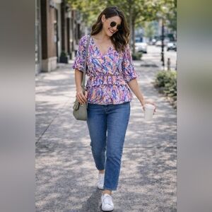 NWT AndTheWhy Colorful Abstract Print Blouse Size Large And XL